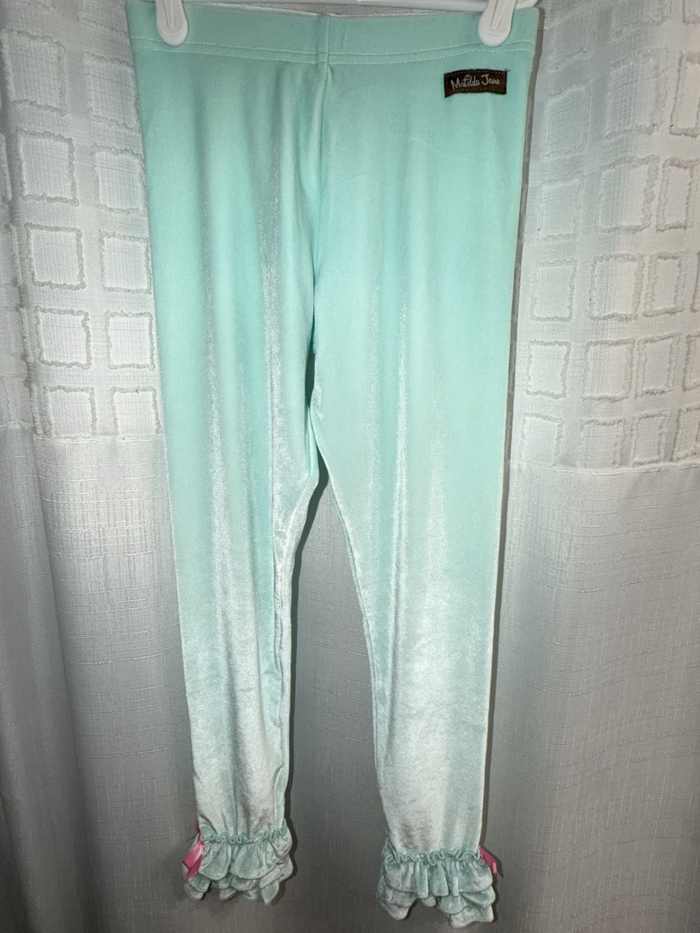Matilda Jane Mint Velvet Ruffle Leggings with Pink Ribbon